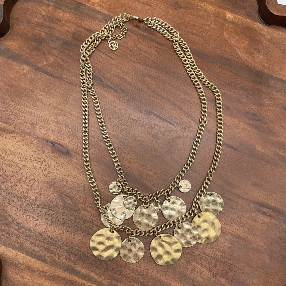 Hammered Disc Statement Necklace Gold Tone‎ Boho Indie Double Tier Eclectic Chic